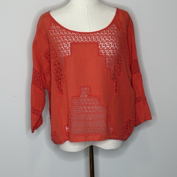 Free People Orange Crochet Linen Cotton Blend Boho Boxy Top Womens Small - Picture 1 of 6
